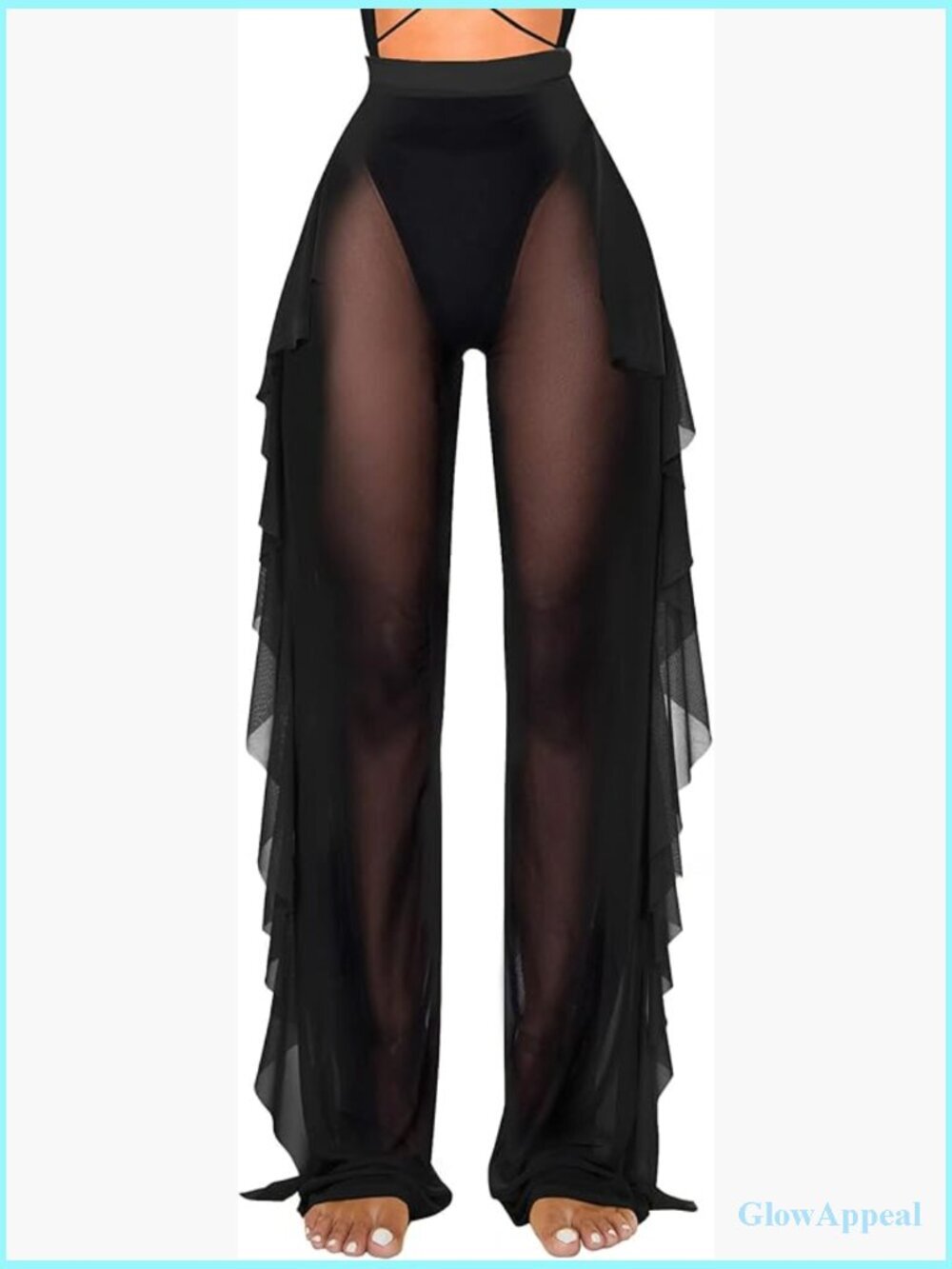 Ruffle Sheer Mesh Swimwear Cover Up Pants See Through Beach Wide Leg